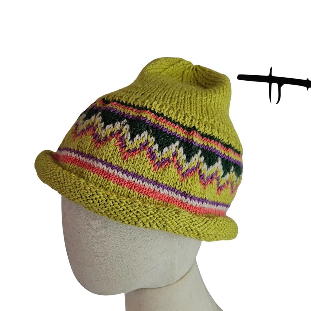 Handmade Knit Nordic Beanie‎ Winter Hat Lime Green Zig Zag